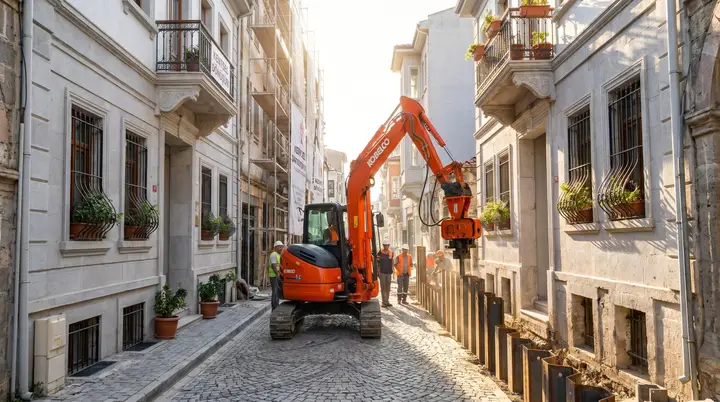Aydın Palplanş: dar sokakta kontrollü kazı çalışması